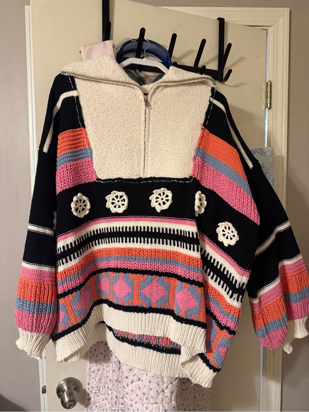POL Multicolor Knit Zip-Front Hoodie with Crochet Accents
